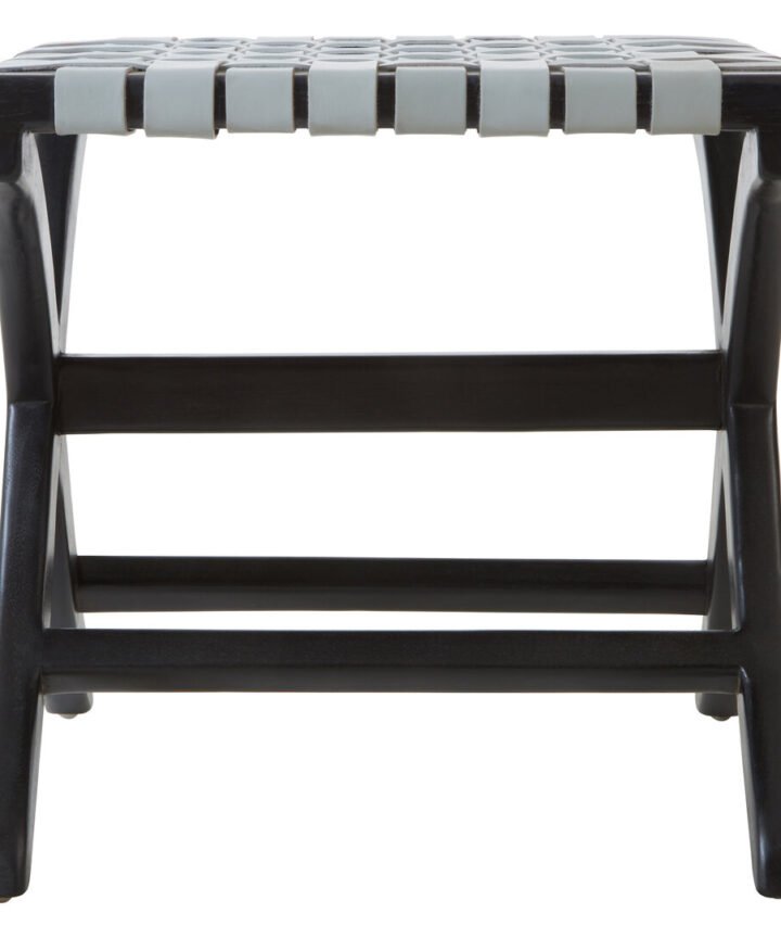 Colonial Woven Grey Leather And Black Teak Stool