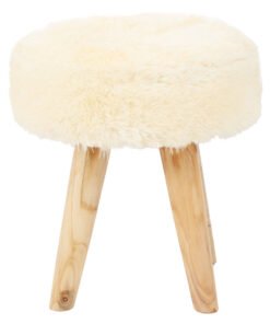 Colonial Cream Faux Fur and Teak Wood Stool