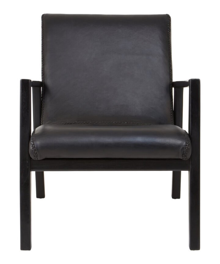Colonial Black Leather and Teak Wood Armchair