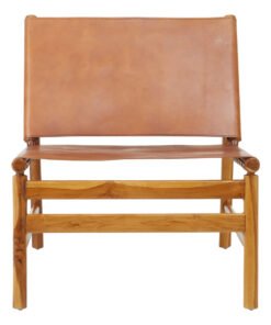 Colonial Teak Wood and Brown Leather Chair