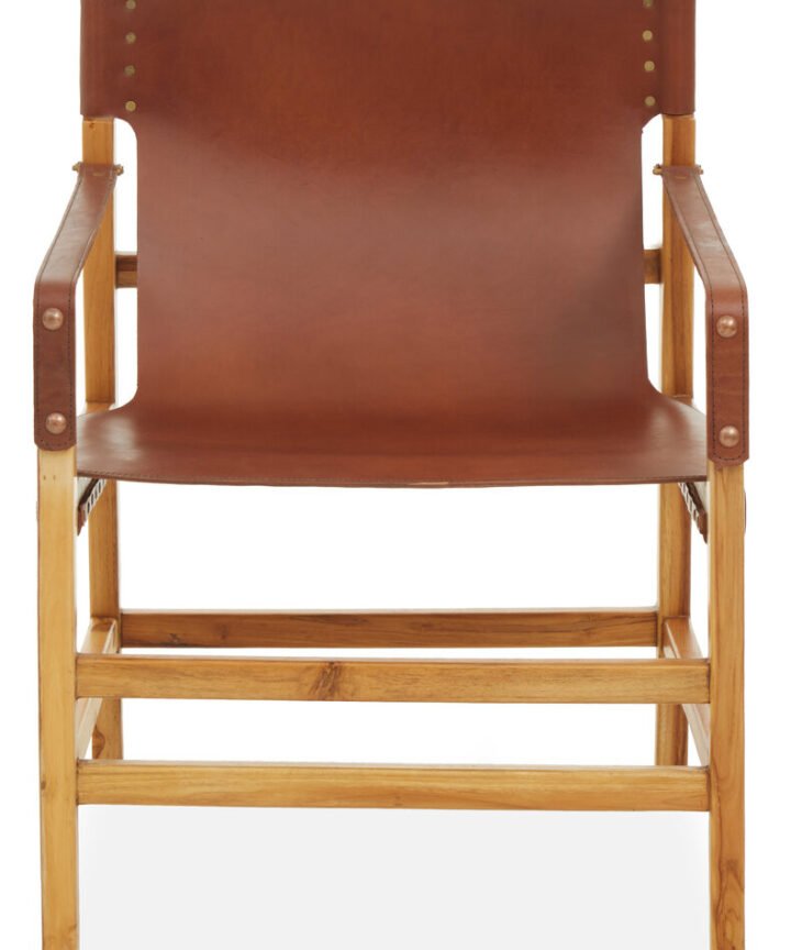 Colonial Light Brown Leather And Teak Wood Chair