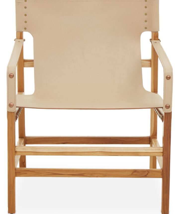 Colonial Cream Leather and Teak Wood Chair
