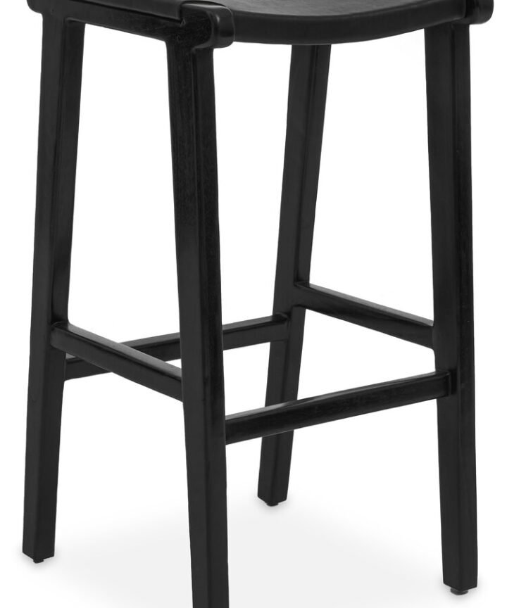Colonial Black Leather and Teak Barstool