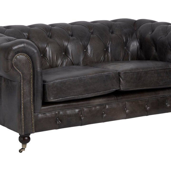 Hugo Dark Grey Brown Leather Chesterfield 2 Seat Sofa