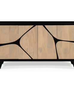 Boho Solid Wood Extra Large Sideboard with warm wood panels and bold black linework, modern angular legs, by Red Frog Trading