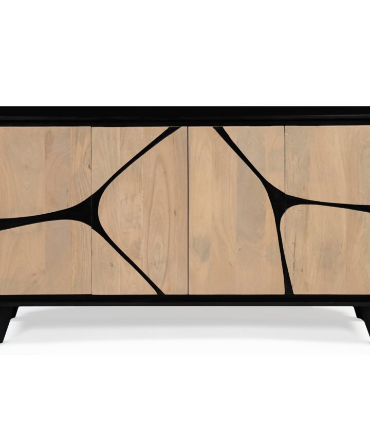 Boho Solid Wood Extra Large Sideboard with warm wood panels and bold black linework, modern angular legs, by Red Frog Trading