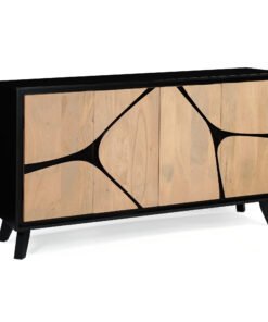 Boho Solid Wood Extra Large Sideboard by Red Frog Trading in a black frame with light natural wood doors featuring bold black geometric line accents.