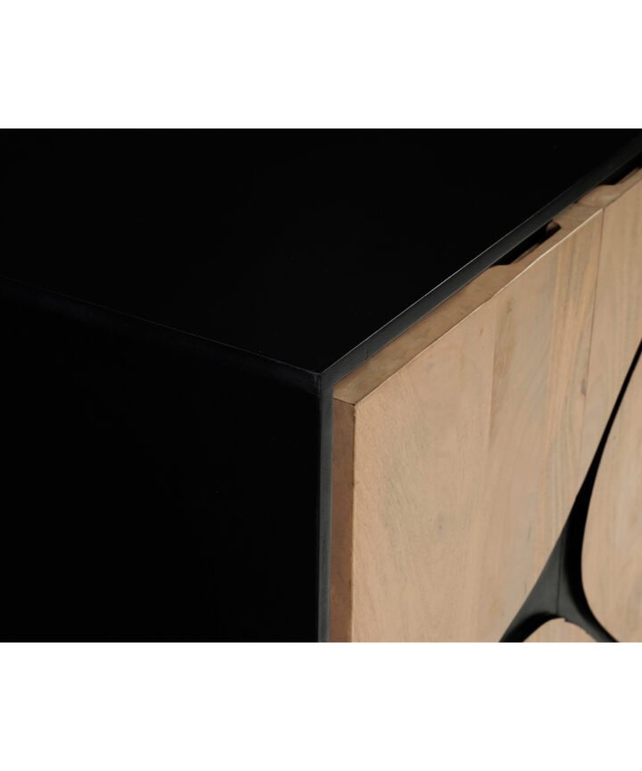 RED FROG TRADING Boho Solid Wood Extra Large Sideboard featuring a sleek black top and warm natural wood doors with visible grain and subtle linework accents