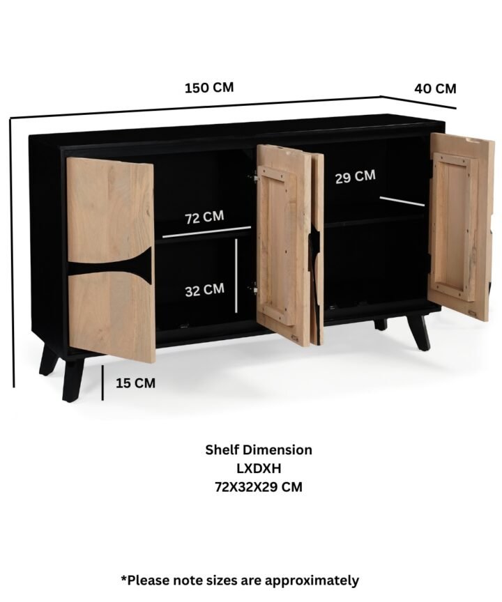 Boho Solid Wood Extra Large Sideboard by Red Frog Trading with warm wood tones and bold black linework, featuring wide storage cabinets and tapered legs.