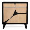 Red Frog Trading Boho Wood 2 Door Sideboard with a black frame and natural wood doors featuring a striking curved black inlay design