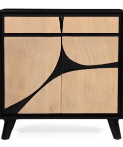 Red Frog Trading Boho Wood 2 Door Sideboard with a black frame and natural wood doors featuring a striking curved black inlay design