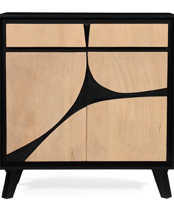 Red Frog Trading Boho Wood 2 Door Sideboard with a black frame and natural wood doors featuring a striking curved black inlay design