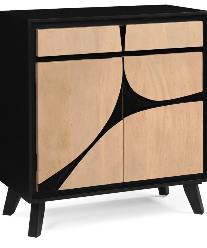 Boho Wood 2 Door Sideboard by Red Frog Trading in a black framed cabinet with natural light wood doors featuring a bold black curved motif across the front