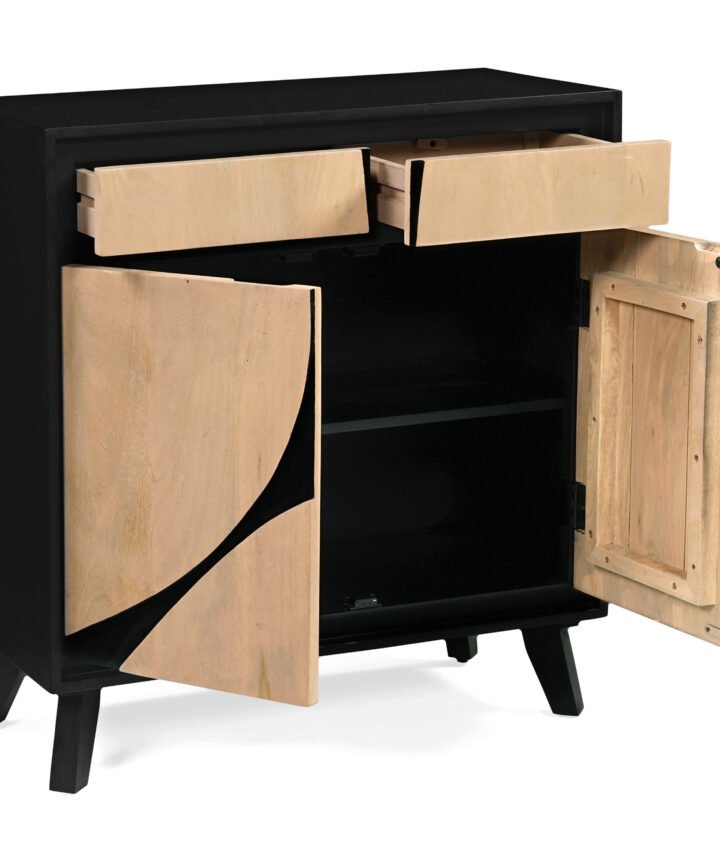 Black Boho Wood 2 Door Sideboard with natural light wood drawer fronts and interior shelves opening to reveal two top drawers and a single cabinet door, Red Frog Trading product