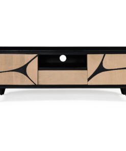 Boho solid wood TV cabinet with wooden legs in a black frame and natural wood panels, a Red Frog Trading product.