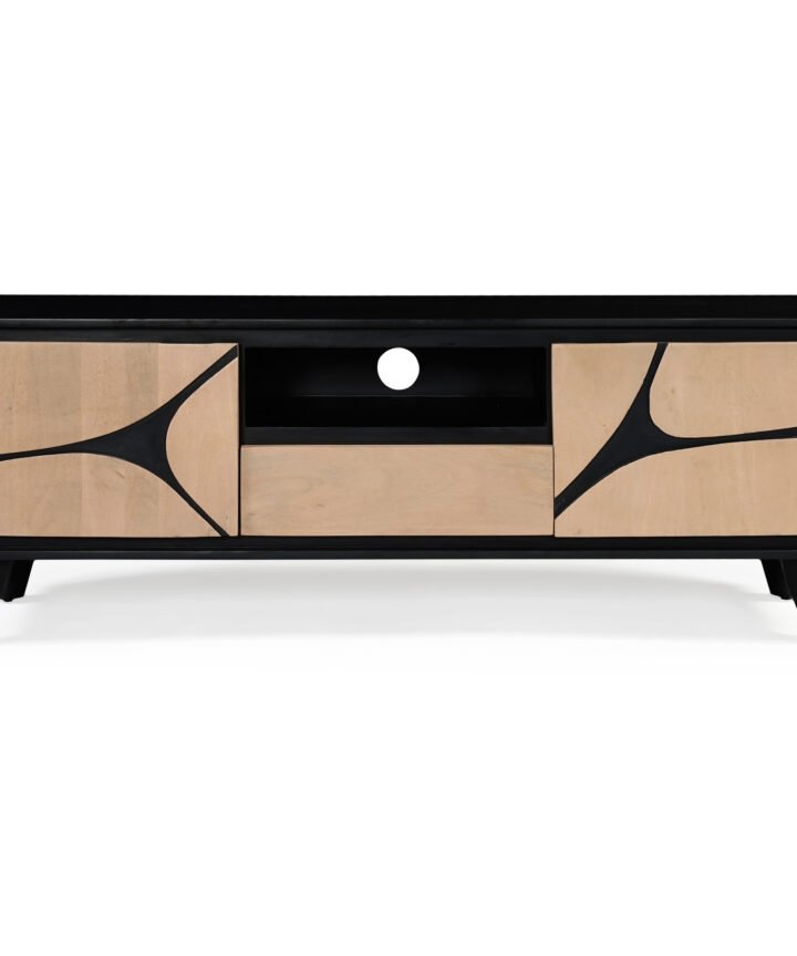 Boho solid wood TV cabinet with wooden legs in a black frame and natural wood panels, a Red Frog Trading product.