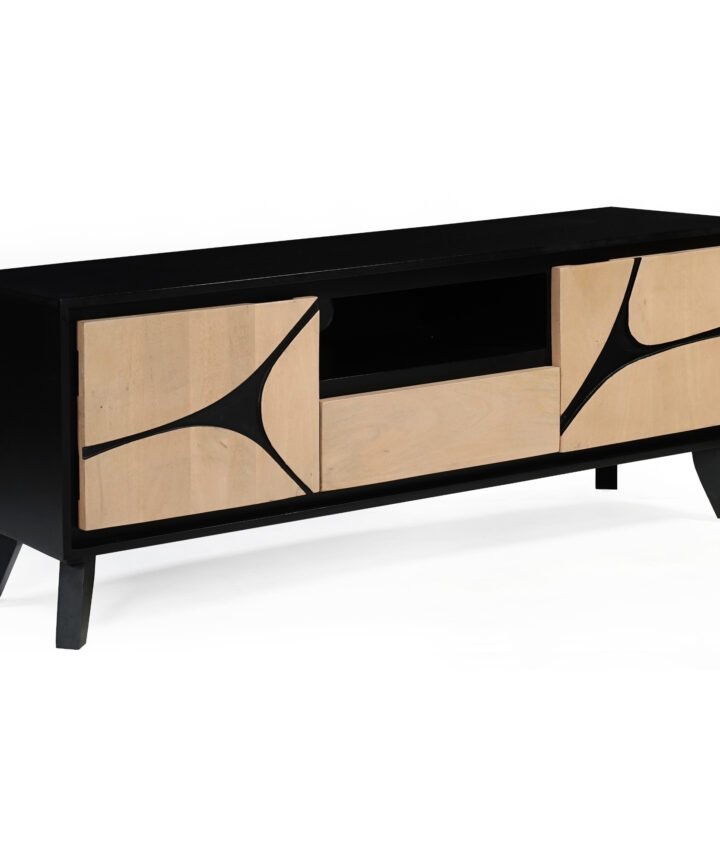 Red Frog Trading boho solid wood TV cabinet in black with natural wood doors and angled legs, featuring distinctive black branch-like accents on the doors