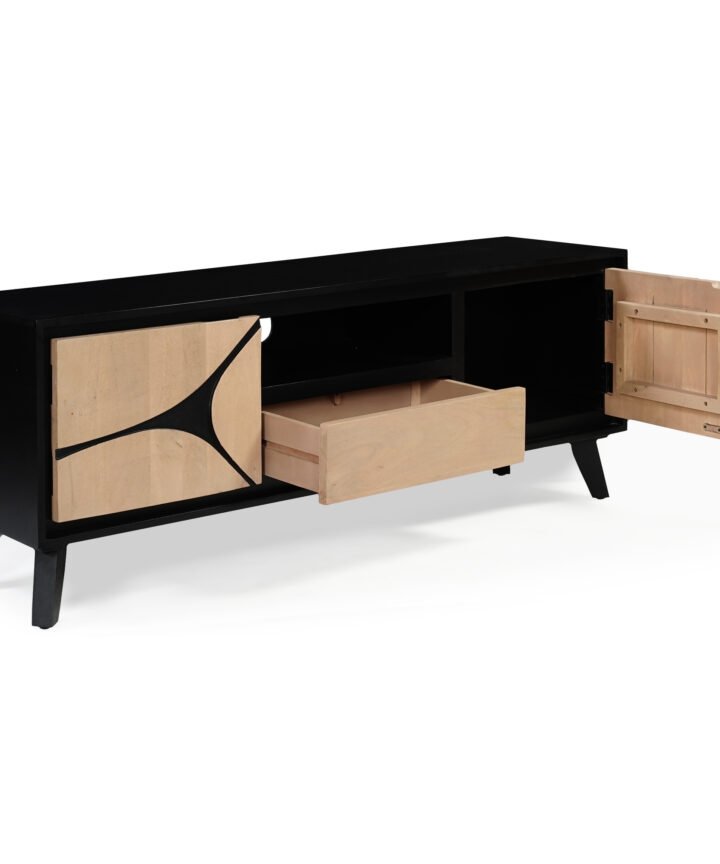 Black Boho solid wood TV cabinet with light wood drawers and legs from Red Frog Trading, featuring a left door with a distinctive cross-cut design and a central open shelf