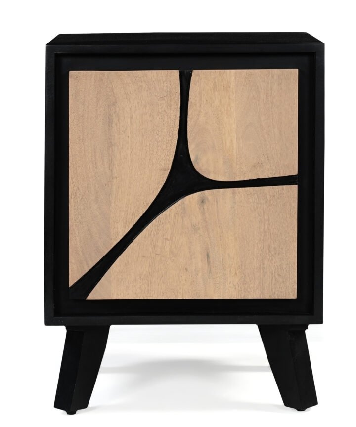 Boho Solid Wood Bedside Table by Red Frog Trading, black frame with natural wood drawer panels and bold black seam pattern, angular tapered legs.