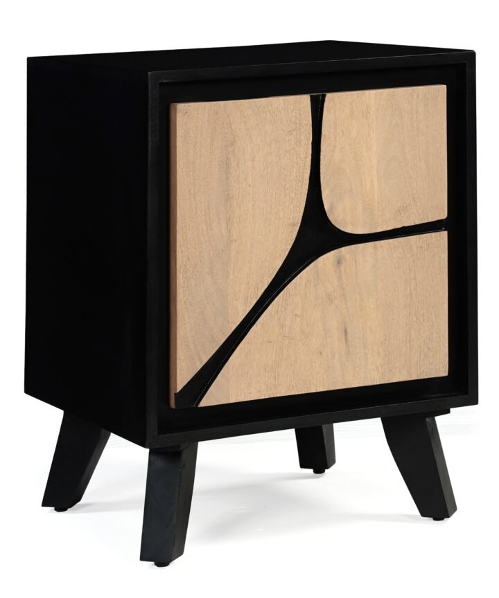 Boho Solid Wood Bedside Table by RED FROG TRADING – a black rectangular cabinet with a natural wood front panel and distinctive black seam accents, supported by angled legs