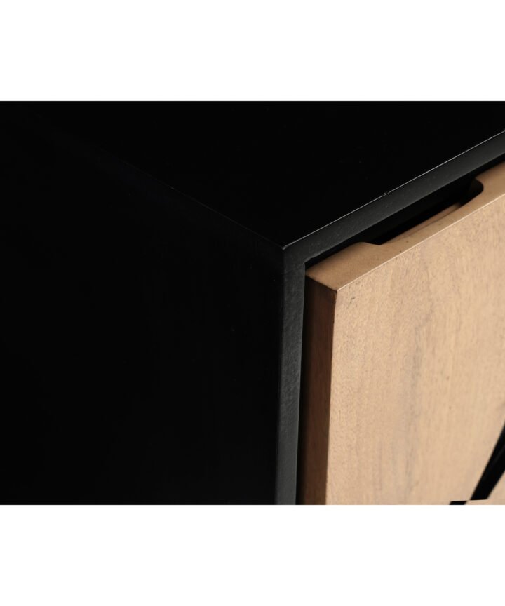 Close-up of a Boho Solid Wood Bedside Table by RED FROG TRADING, featuring a black frame and a natural wood drawer face with visible grain textures