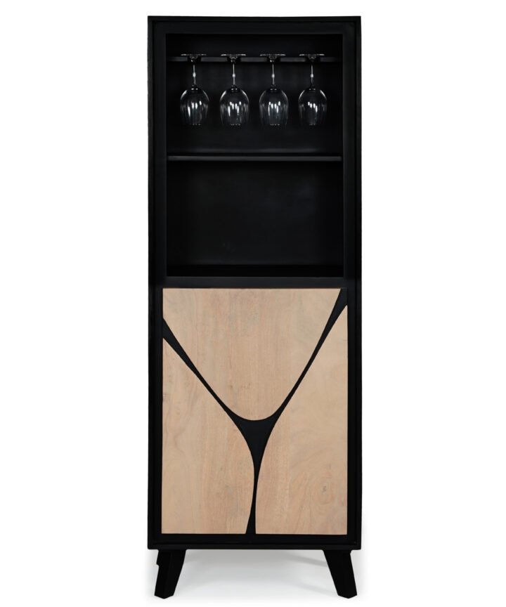 Red Frog Trading Boho Wooden Bookcase With 2 Doors, a tall black wooden cabinet with glassware rack on top and a light wood geometric panel on the lower door, stylish and modern