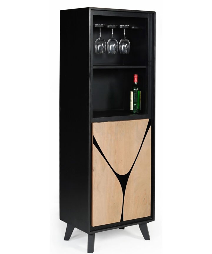 Boho Wooden Bookcase with 2 Doors in black finish featuring natural wood front panels and a distinctive triangular cutout, showcased on Red Frog Trading product page.