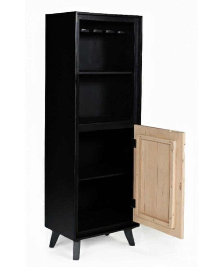 Black tall Boho wooden bookcase with two shelves inside and a natural wood door, mid-height stand with angled legs, by RED FROG TRADING