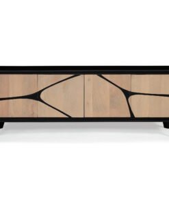 Red Frog Trading Boho Large Low Board TV Cabinet / Low Sideboard with a black frame and light wood panels featuring an abstract black pattern across the doors, modern mid-century style