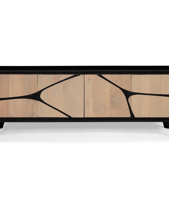 Red Frog Trading Boho Large Low Board TV Cabinet / Low Sideboard with a black frame and light wood panels featuring an abstract black pattern across the doors, modern mid-century style