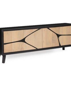 Boho Large Low Board TV Cabinet / Low Sideboard in black frame with natural wood doors and abstract black inlay, by Red Frog Trading
