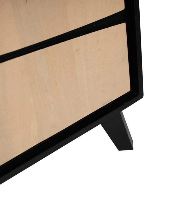 Close-up of a Boho Large Low Board TV Cabinet with natural wood panels framed by a matte black border and angled legs from RED FROG TRADING
