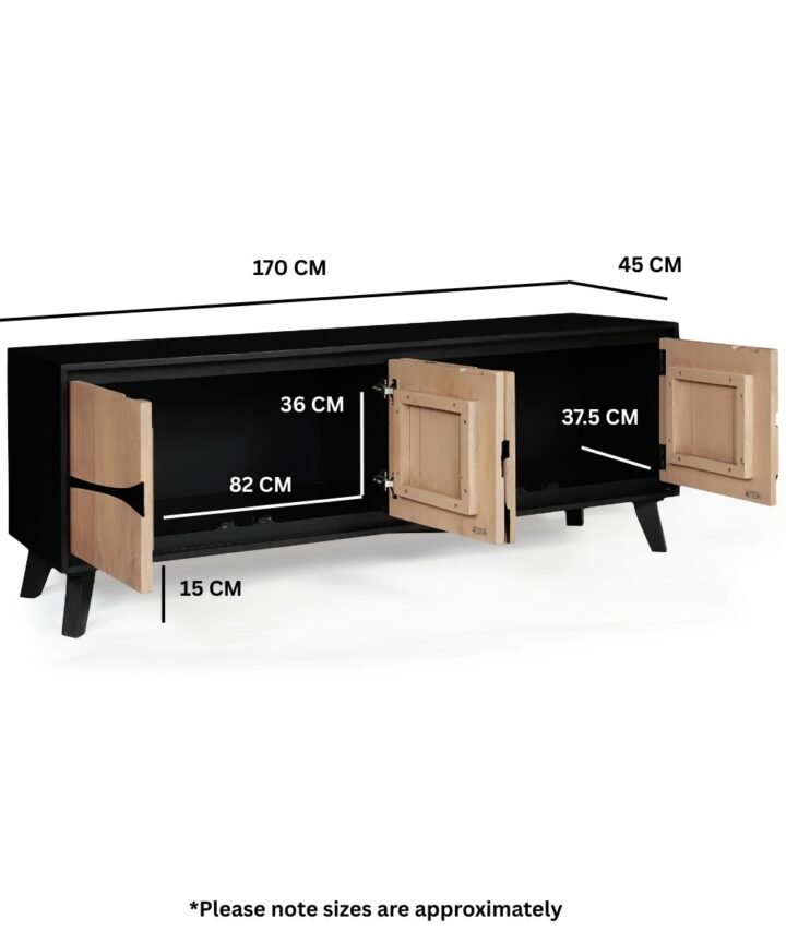 Black Boho Large Low Board TV Cabinet featuring natural wood doors, 170 cm long and 60 cm tall with 45 cm depth and angled legs, two opened cupboards revealed.