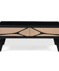 Red Frog Trading Boho 2 Drawer Coffee Table with a black rectangular frame and tan drawer fronts featuring a sculpted black line detail across the fronts.