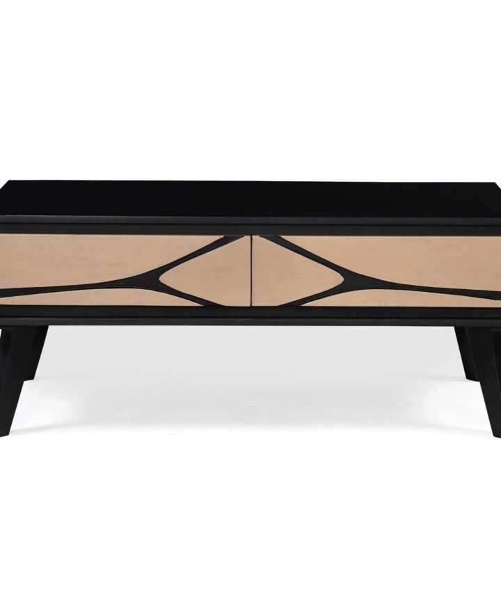 Red Frog Trading Boho 2 Drawer Coffee Table with a black rectangular frame and tan drawer fronts featuring a sculpted black line detail across the fronts.