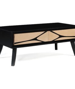 Boho 2 Drawer Coffee Table by Red Frog Trading, a sleek black rectangular piece with beige drawer fronts and sculpted black lines, supported by angled legs.