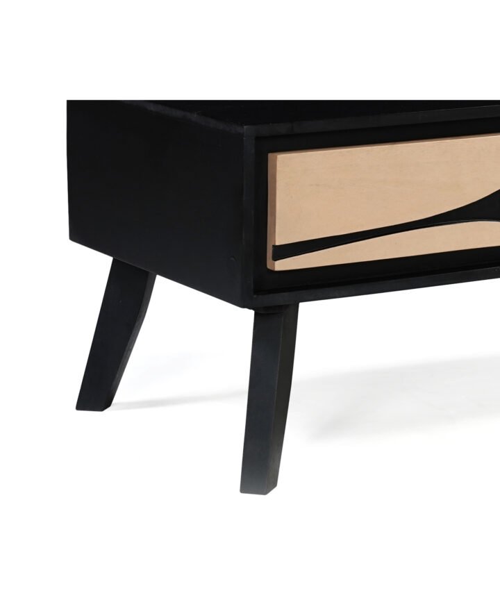Boho 2 Drawer Coffee Table by Red Frog Trading in a matte black finish with light wood drawer fronts, featuring an abstract black line inlay and angled legs.