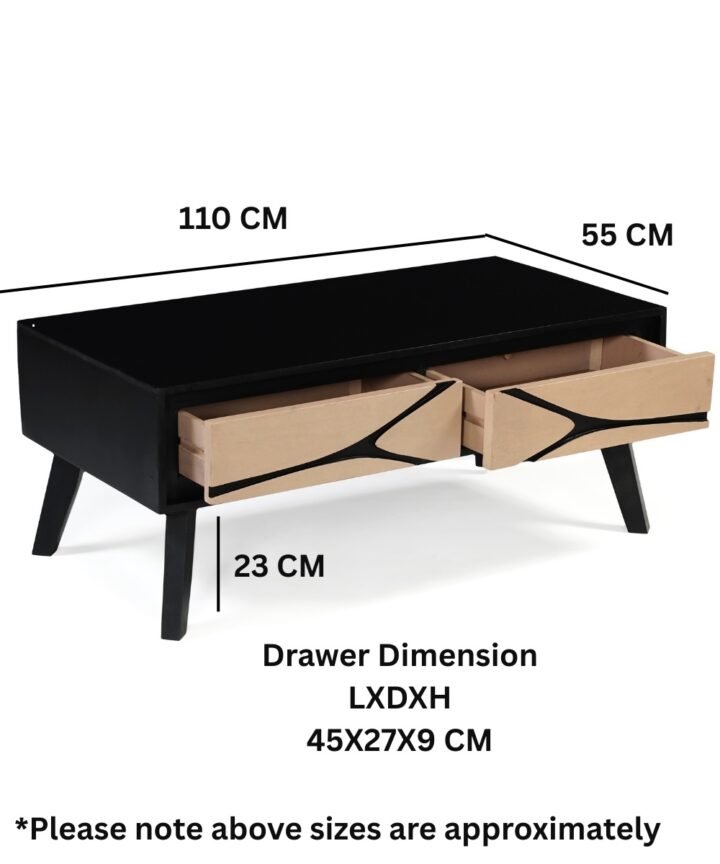 Boho 2 Drawer Coffee Table by Red Frog Trading in black with light wooden two-drawer design, featuring tapered legs and mid-century style appeal; dimensions approximate 110 cm long, 45 cm tall.