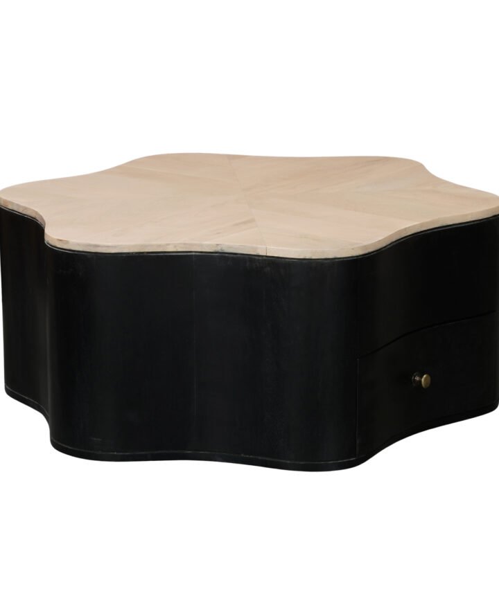 Boho Wooden Star Low Coffee Table with Drawer featuring a natural light wood star-shaped top on a matte black curved base with a brass knob drawer