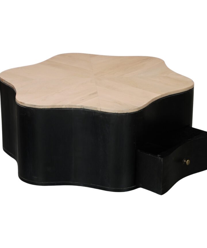 Boho Wooden Star Low Coffee Table with Drawer by Red Frog Trading: a black curved base supports a light wood star-shaped top with a small drawer on the side.