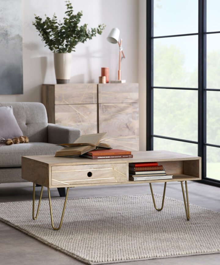 Light Gold Rectangular Coffee Table with Drawer