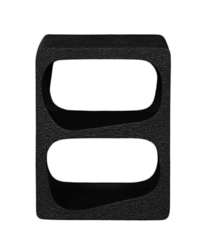 Black textured rectangular frame with two large rounded rectangular openings stacked vertically, creating a bold double-slot silhouette with smooth edge curves.