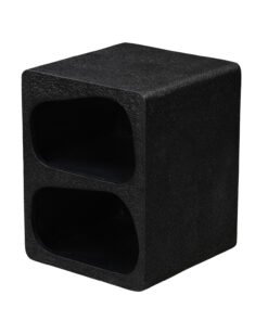 Mia Modern Block End Table in a black textured finish with rounded open shelves, a bold compact side table from Red Frog Trading with a distinctive block form.
