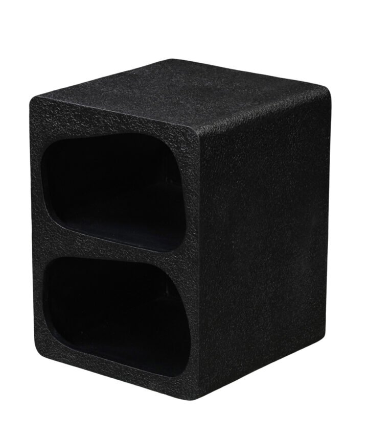 Mia Modern Block End Table in a black textured finish with rounded open shelves, a bold compact side table from Red Frog Trading with a distinctive block form.