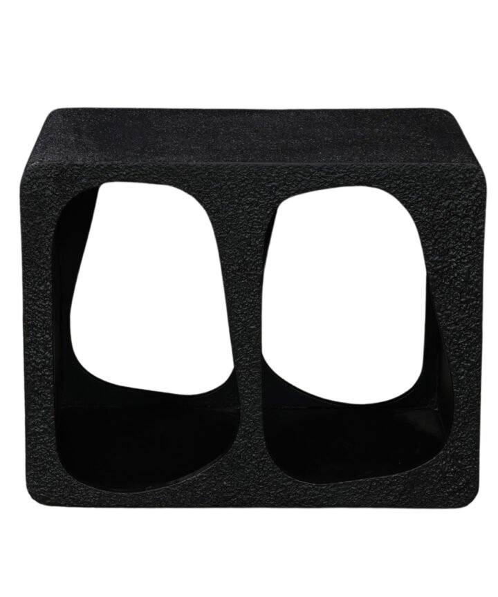 Mia Modern Block Side End Table by Red Frog Trading in a black textured finish with a distinctive double-arch open base, showcasing a modern, minimal silhouette.