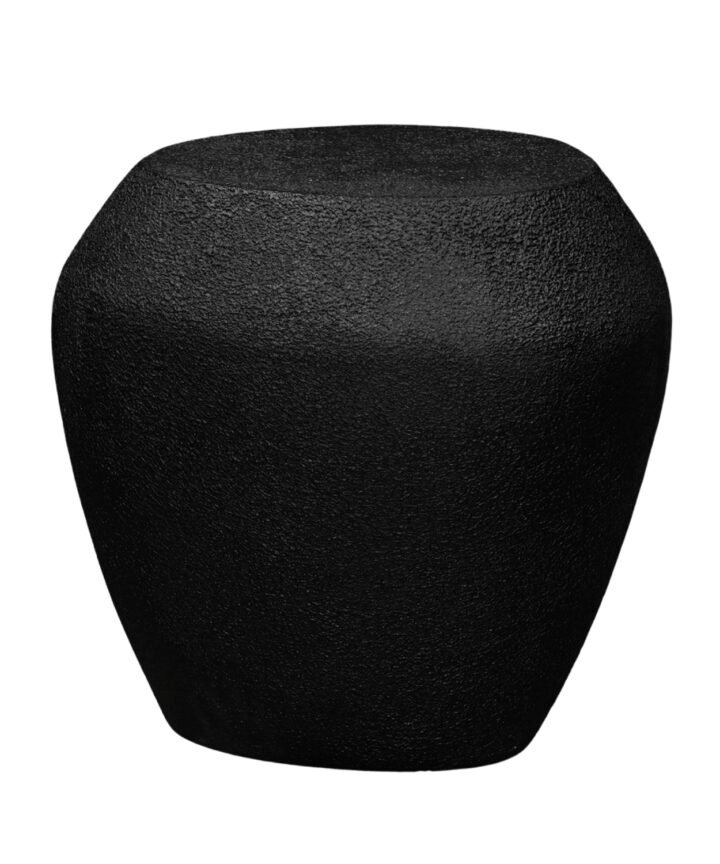 Black textured pouf with a rounded, irregular silhouette and a coarse surface finish; reference to Mia in the product context.