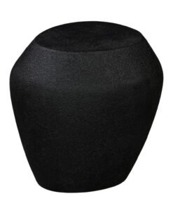 Black textured, rounded pouf-like stool with a matte finish, soft contours, sculptural form, and versatile use in home decor.