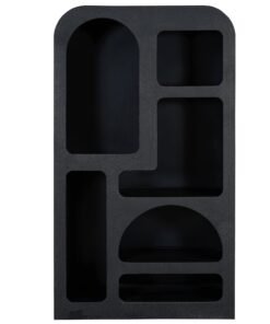 Black Mia Modern Tall Geometric Bookcase with modular rounded and rectangular compartments in a deep matte finish, a distinctive geometric design by RED FROG TRADING.