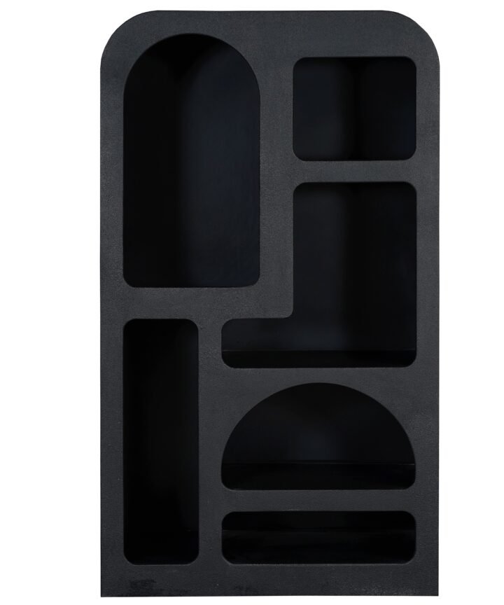 Black Mia Modern Tall Geometric Bookcase with modular rounded and rectangular compartments in a deep matte finish, a distinctive geometric design by RED FROG TRADING.