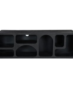 Mia Modern Geometric Large TV Cabinet in charcoal black with multiple geometric compartments, including rounded and rectangular openings, by Red Frog Trading.